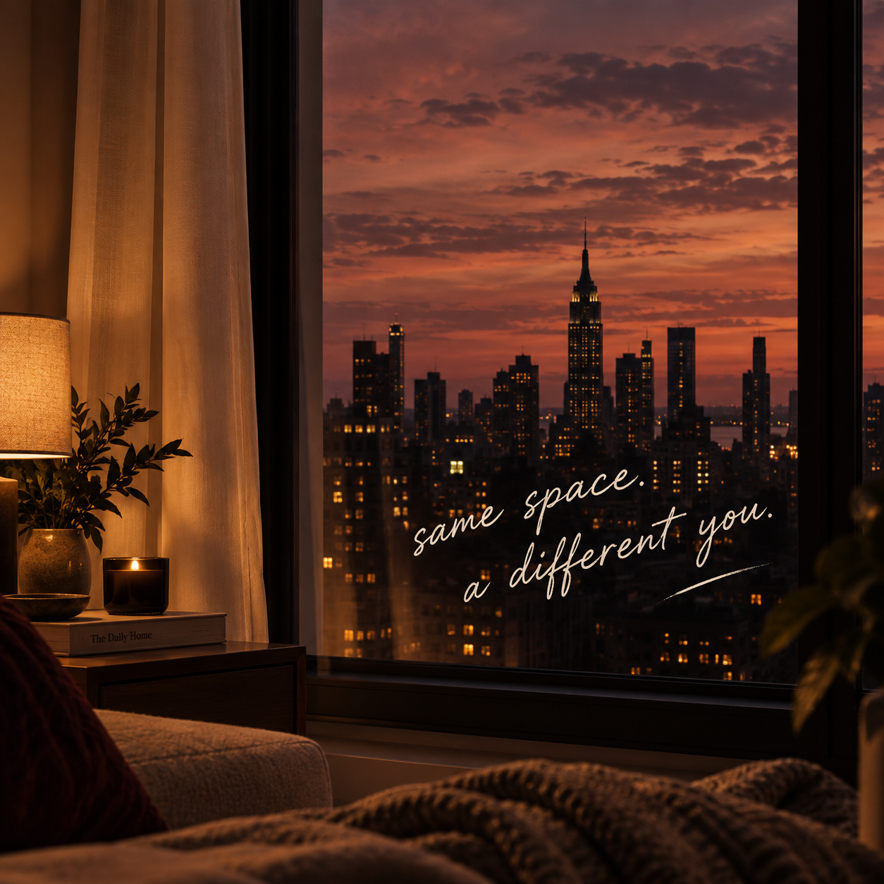 A dusk city view with the words same space, a different you