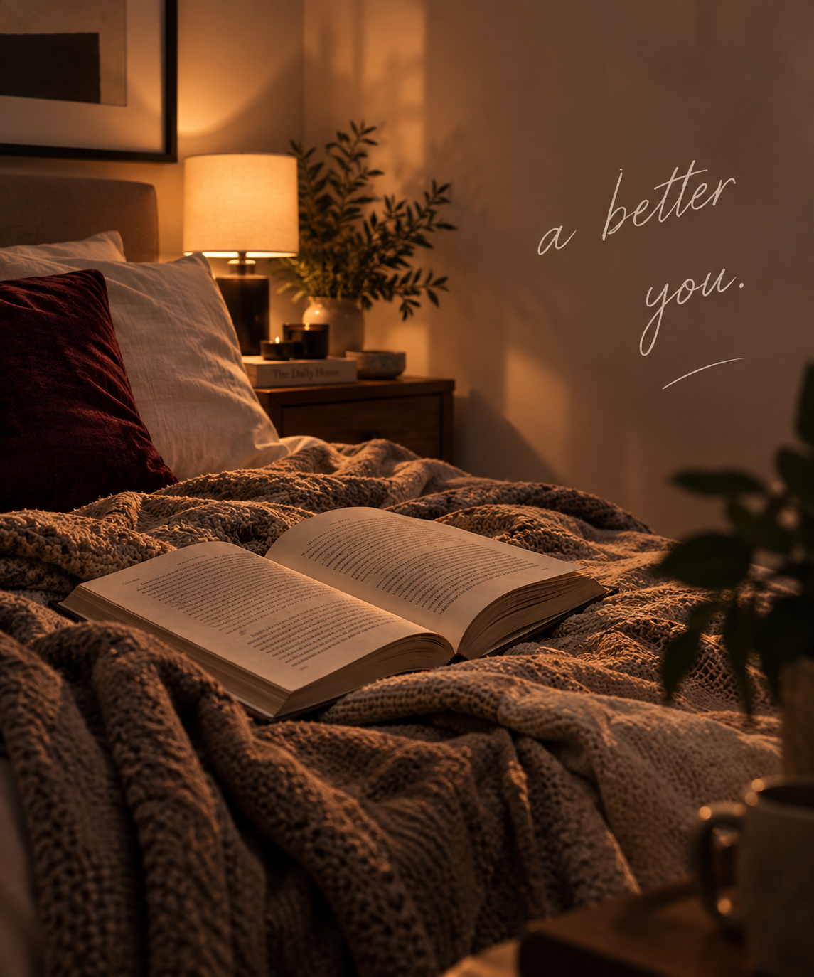 A warmly lit bed and open book with the words a better you